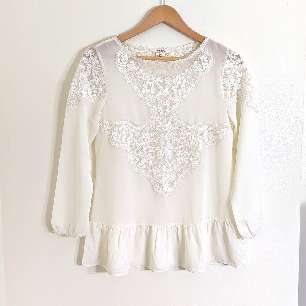 Sundance Embroidered 3/4 Sleeve Round Neck Sheer‎ Top Off White Size XS